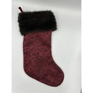 Vintage Lillian Vernon Burgundy Christmas Holiday Scroll Faux Fur Stocking